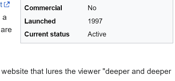 Screenshot of Wiki page, reading 'website that lures the viewer deeper and deeper'